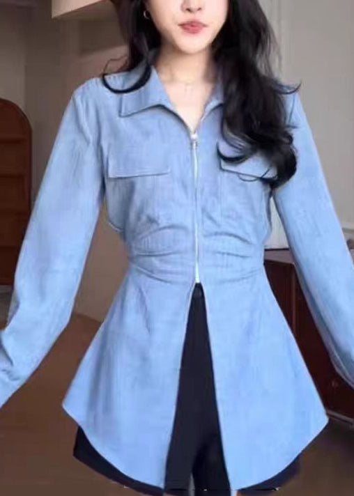 Boutique Blue Zip Up Patchwork Front Open Denim Shirt Tops Fall