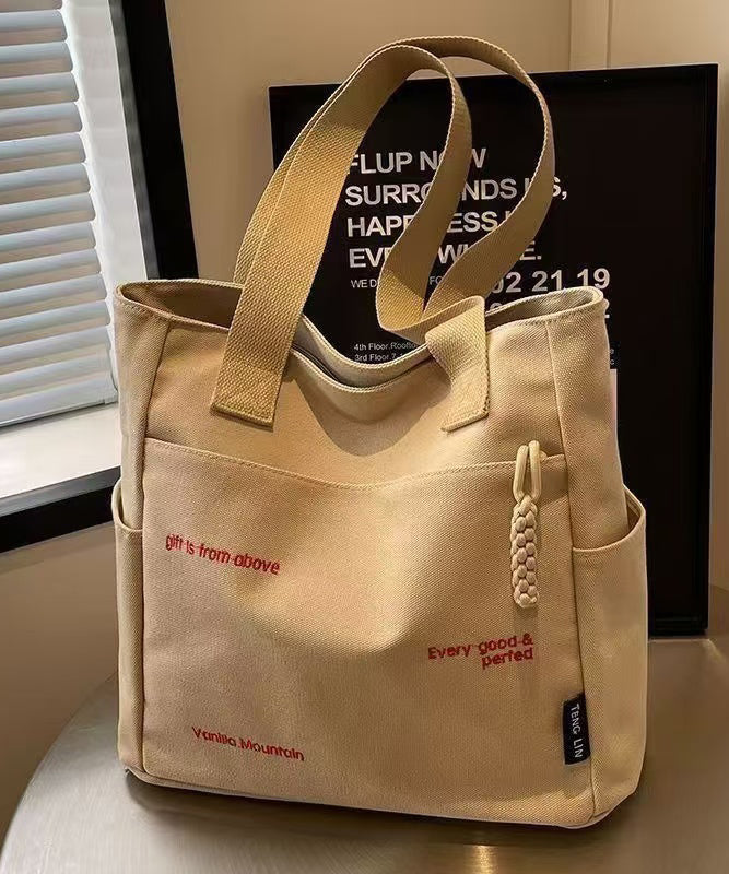 Boutique Brown Letter Embroidery Solid Durable Canvas Shoulder Bags