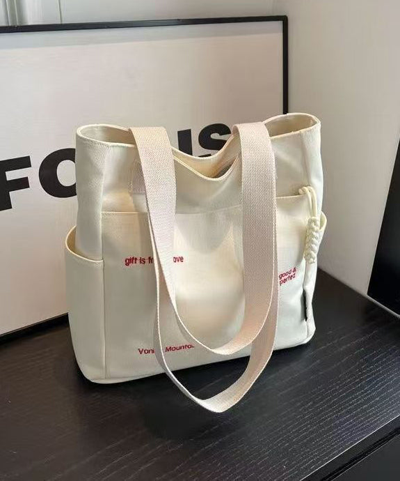 Boutique Brown Letter Embroidery Solid Durable Canvas Shoulder Bags