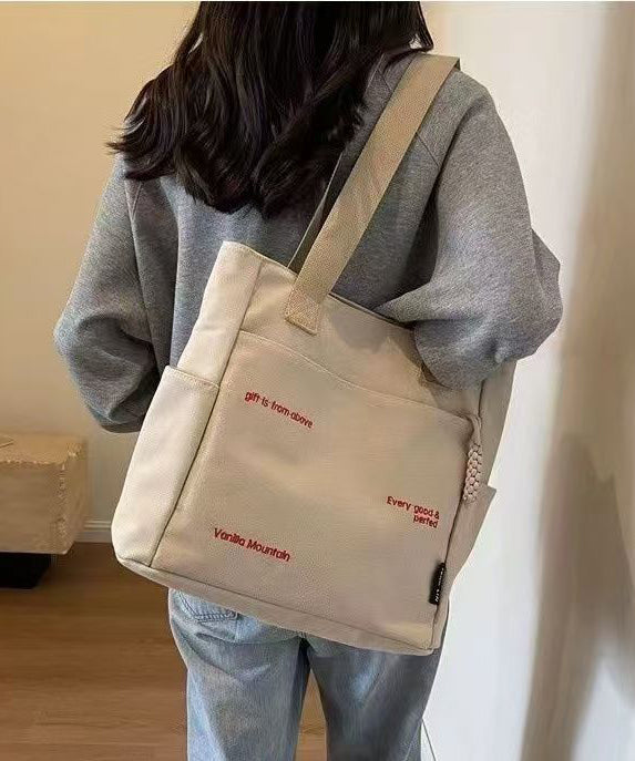 Boutique Brown Letter Embroidery Solid Durable Canvas Shoulder Bags