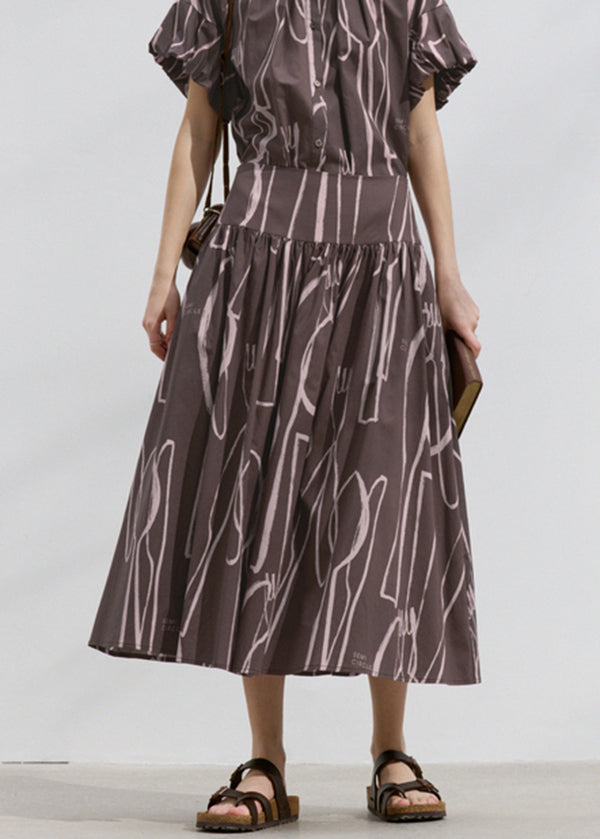 Boutique Brown Wrinkled Print Patchwork Cotton Skirts Summer