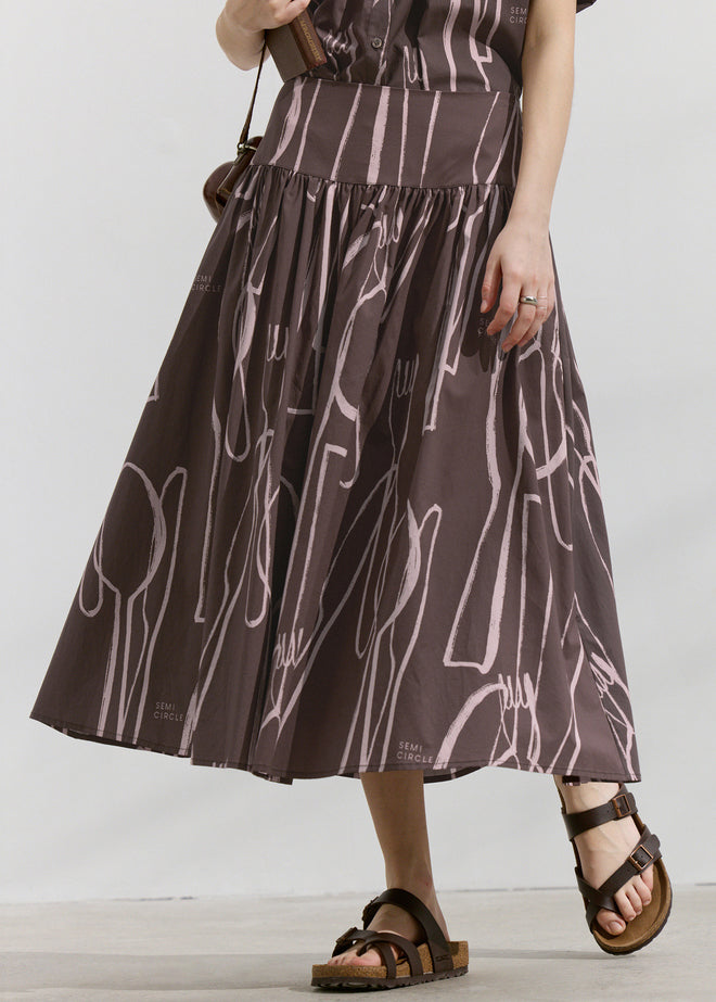 Boutique Brown Wrinkled Print Patchwork Cotton Skirts Summer