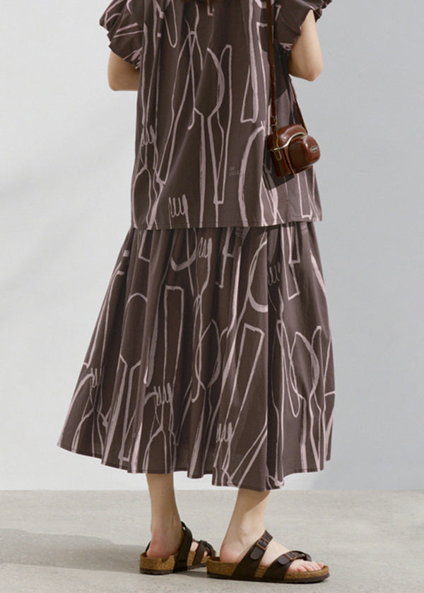 Boutique Brown Wrinkled Print Patchwork Cotton Skirts Summer