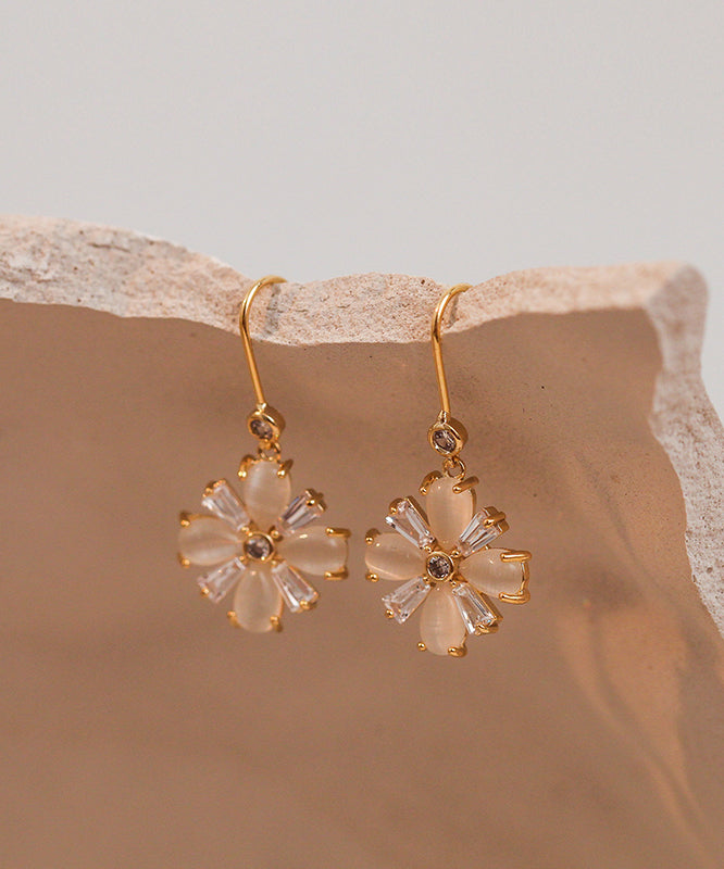Boutique Gold Copper Alloy Cat Eye Stone Clover Drop Earrings