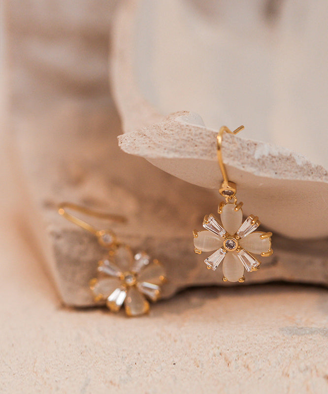 Boutique Gold Copper Alloy Cat Eye Stone Clover Drop Earrings