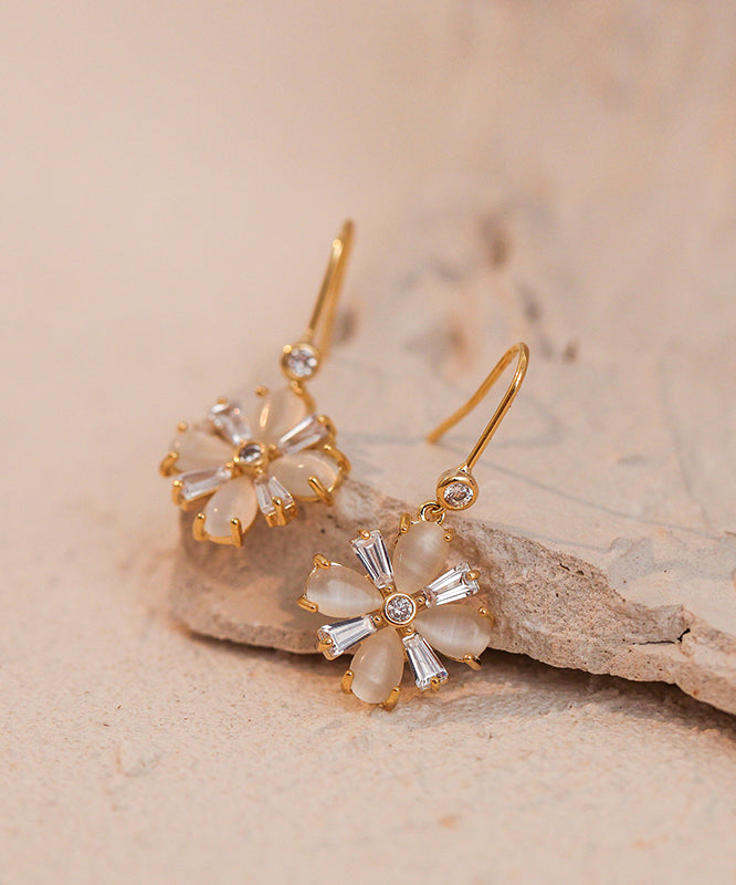 Boutique Gold Copper Alloy Cat Eye Stone Clover Drop Earrings