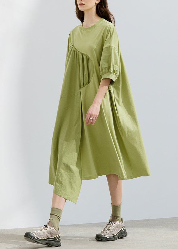 Boutique Green O Neck Asymmetrical Patchwork Cotton Dresses Summer