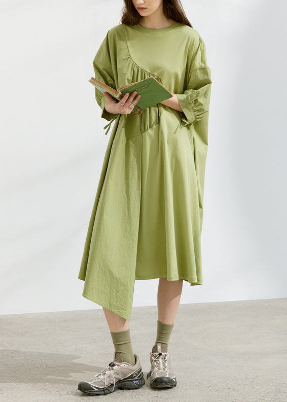 Boutique Green O Neck Asymmetrical Patchwork Cotton Dresses Summer