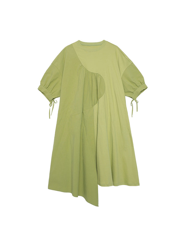 Boutique Green O Neck Asymmetrical Patchwork Cotton Dresses Summer