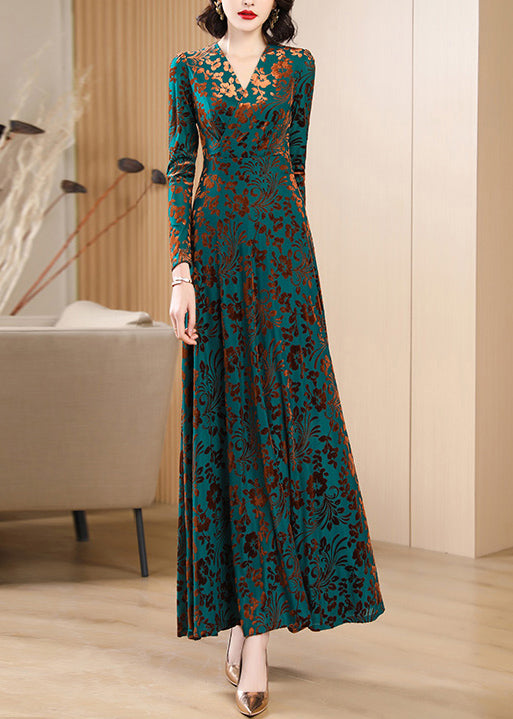 Boutique Green V Neck Print Silk Velvet Long Dresses Autumn