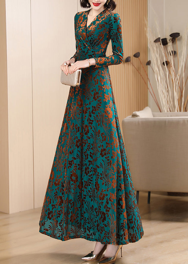 Boutique Green V Neck Print Silk Velvet Long Dresses Autumn