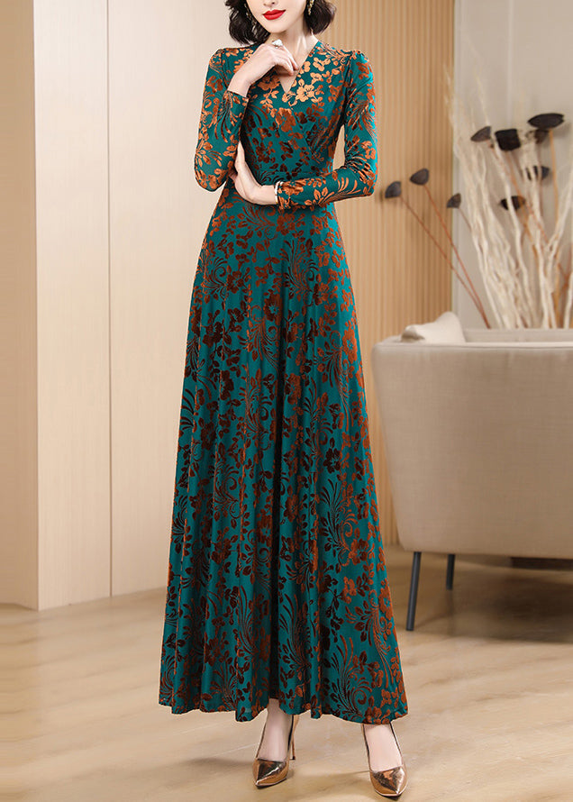 Boutique Green V Neck Print Silk Velvet Long Dresses Autumn