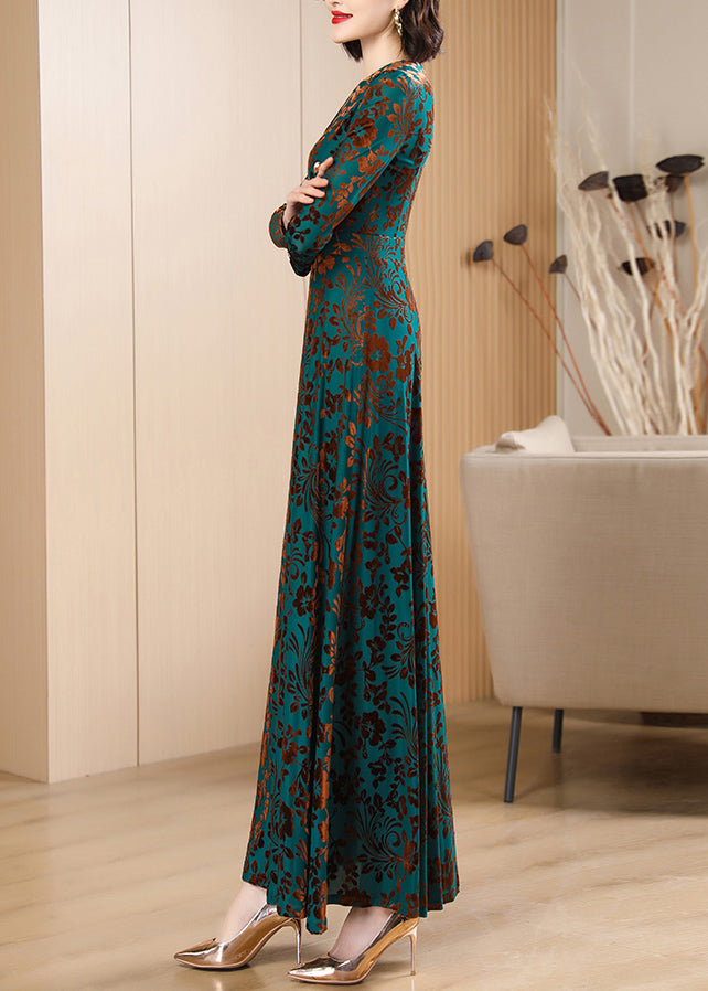 Boutique Green V Neck Print Silk Velvet Long Dresses Autumn