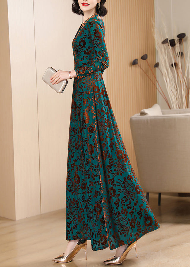 Boutique Green V Neck Print Silk Velvet Long Dresses Autumn