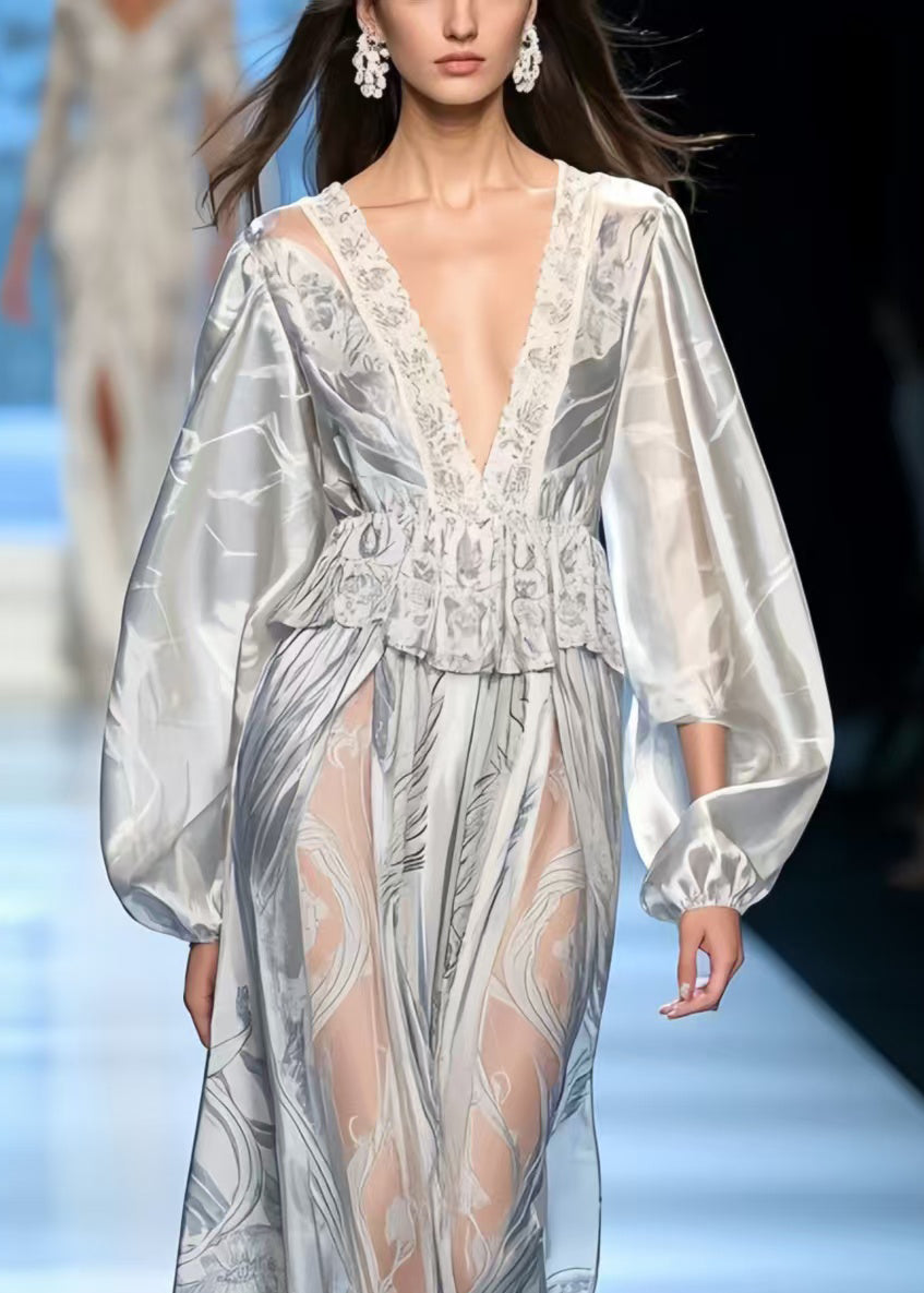 Boutique Grey Ruffled Print Silk Vacation Dresses Spring