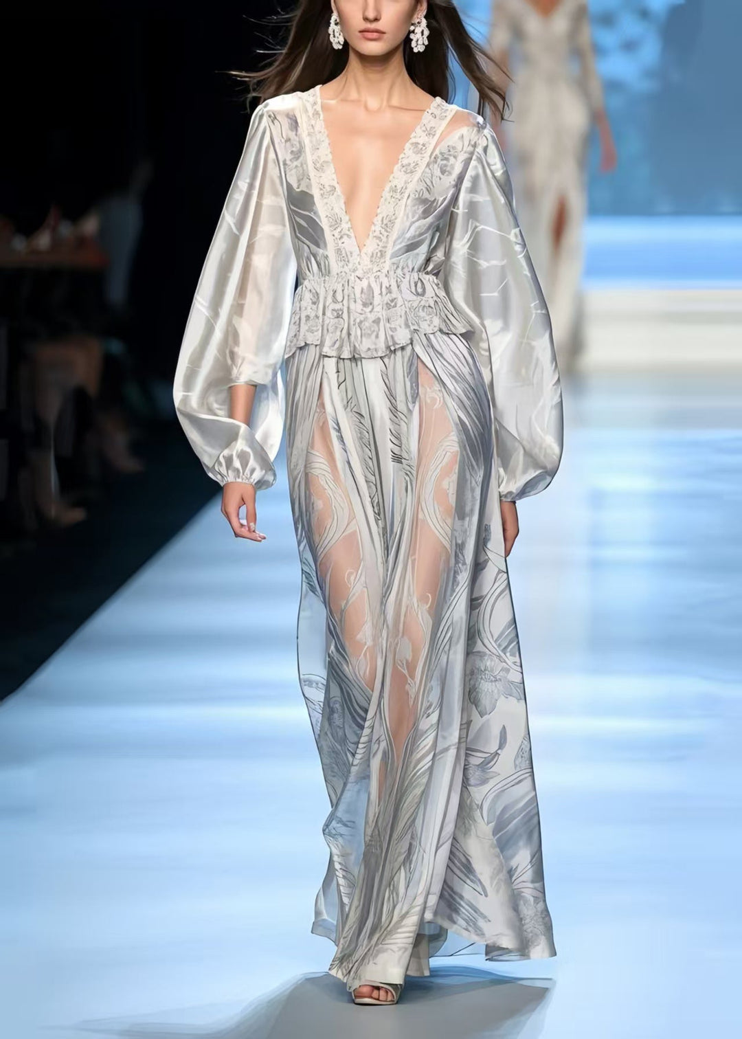 Boutique Grey Ruffled Print Silk Vacation Dresses Spring