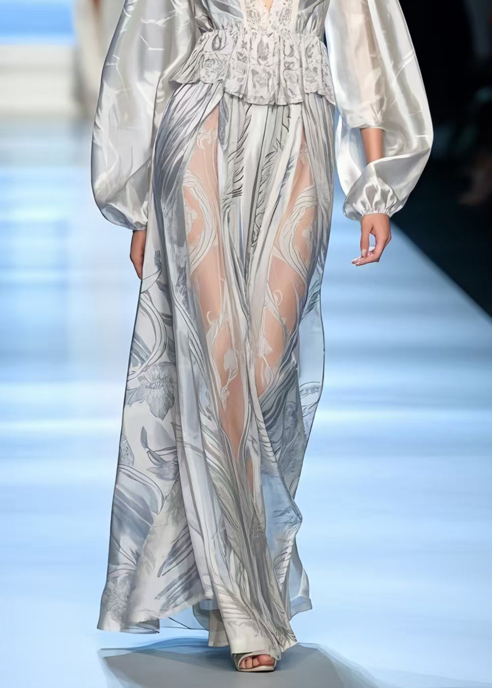 Boutique Grey Ruffled Print Silk Vacation Dresses Spring