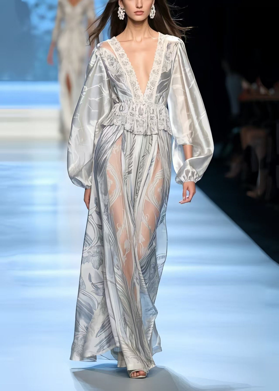 Boutique Grey Ruffled Print Silk Vacation Dresses Spring