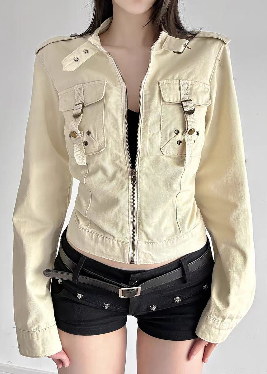 Boutique Khaki Stand Collar Zip Up Pockets Cotton Jackets Fall