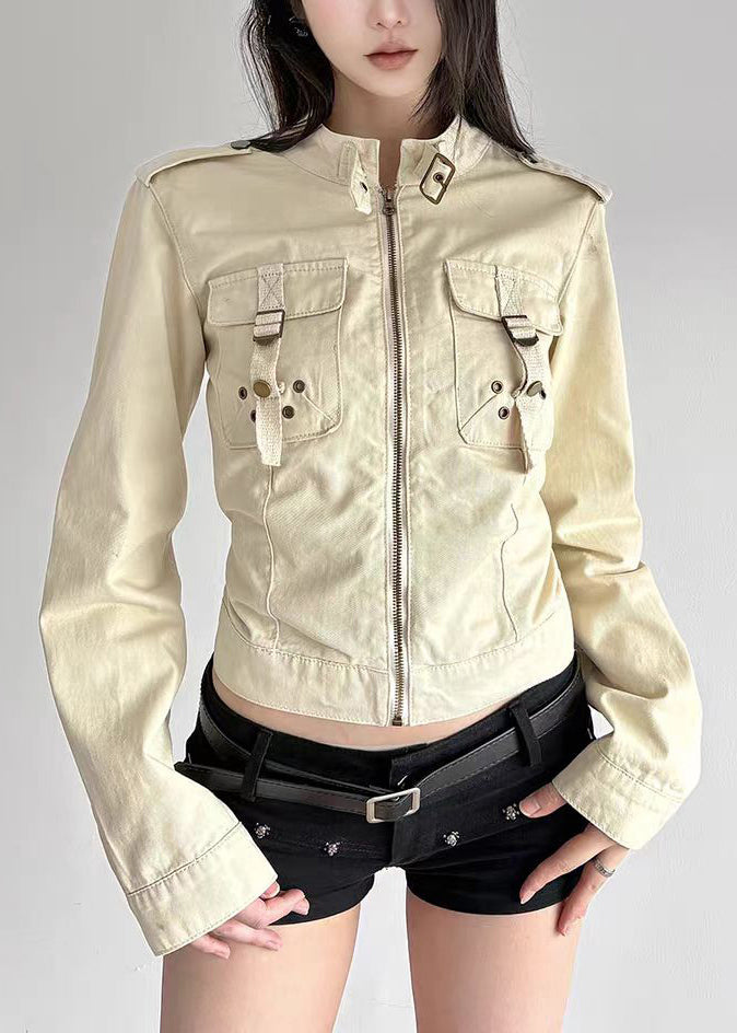 Boutique Khaki Stand Collar Zip Up Pockets Cotton Jackets Fall