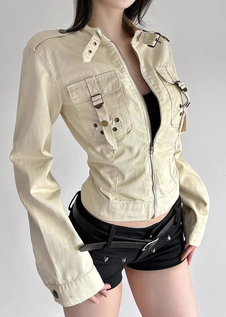 Boutique Khaki Stand Collar Zip Up Pockets Cotton Jackets Fall