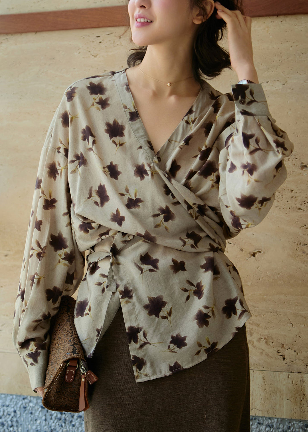 Boutique Khaki V Neck Print Asymmetrical Cotton Top Fall