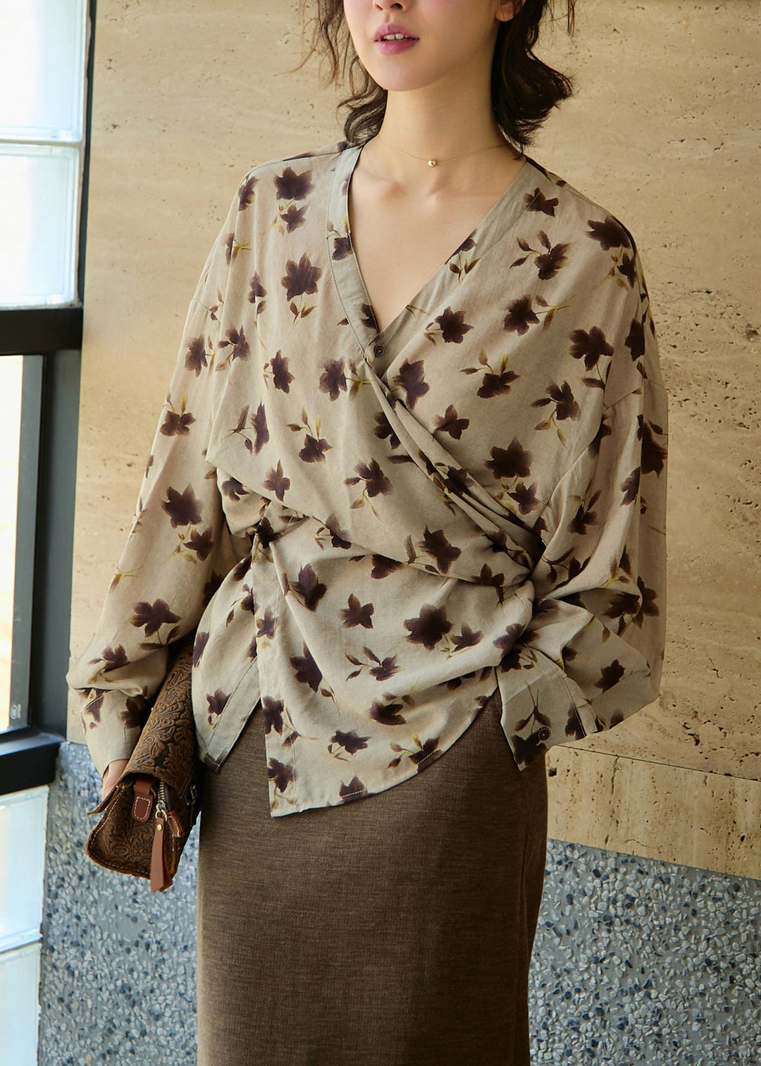 Boutique Khaki V Neck Print Asymmetrical Cotton Top Fall