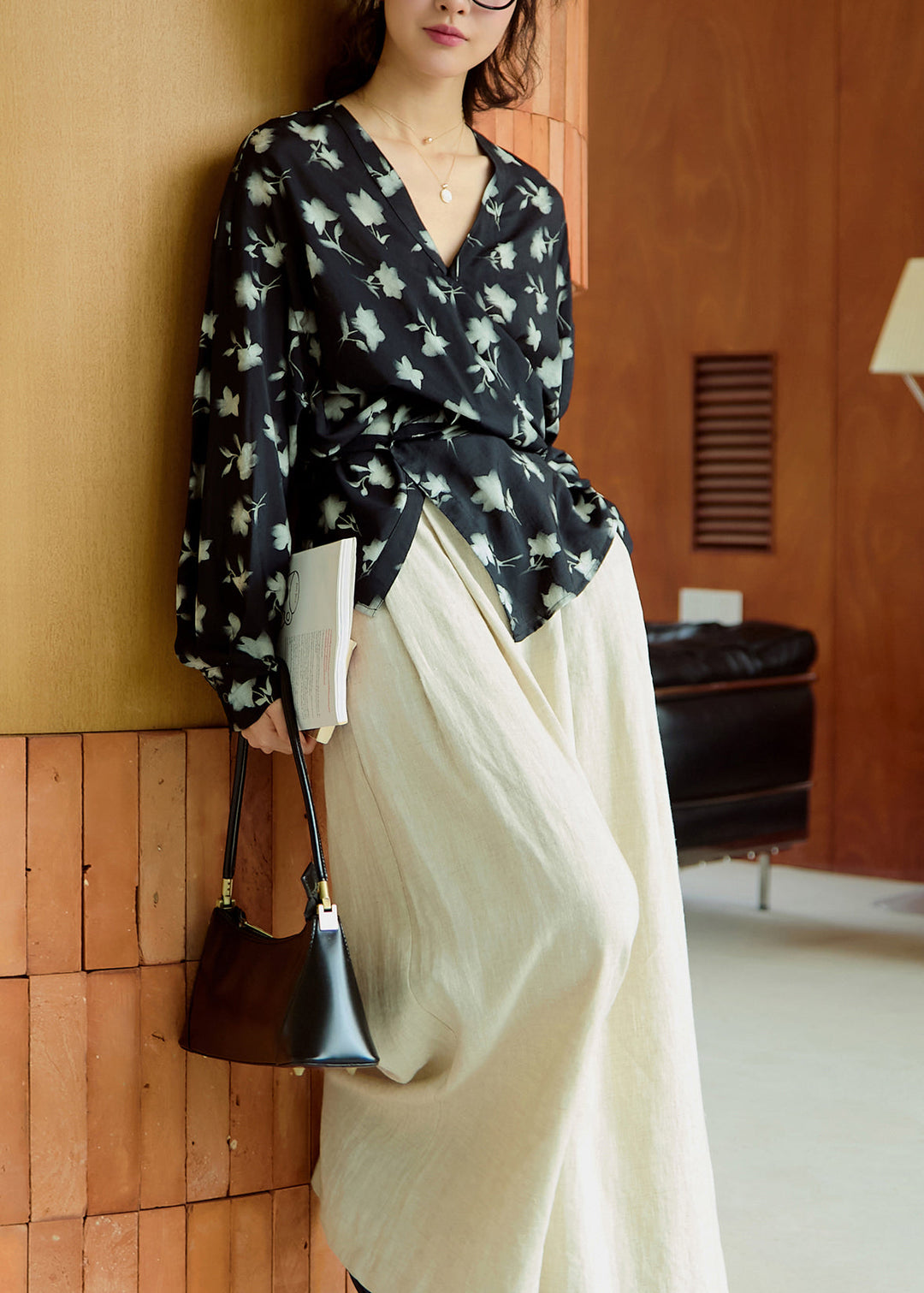 Boutique Khaki V Neck Print Asymmetrical Cotton Top Fall