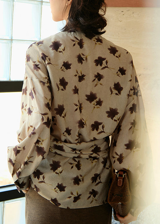 Boutique Khaki V Neck Print Asymmetrical Cotton Top Fall