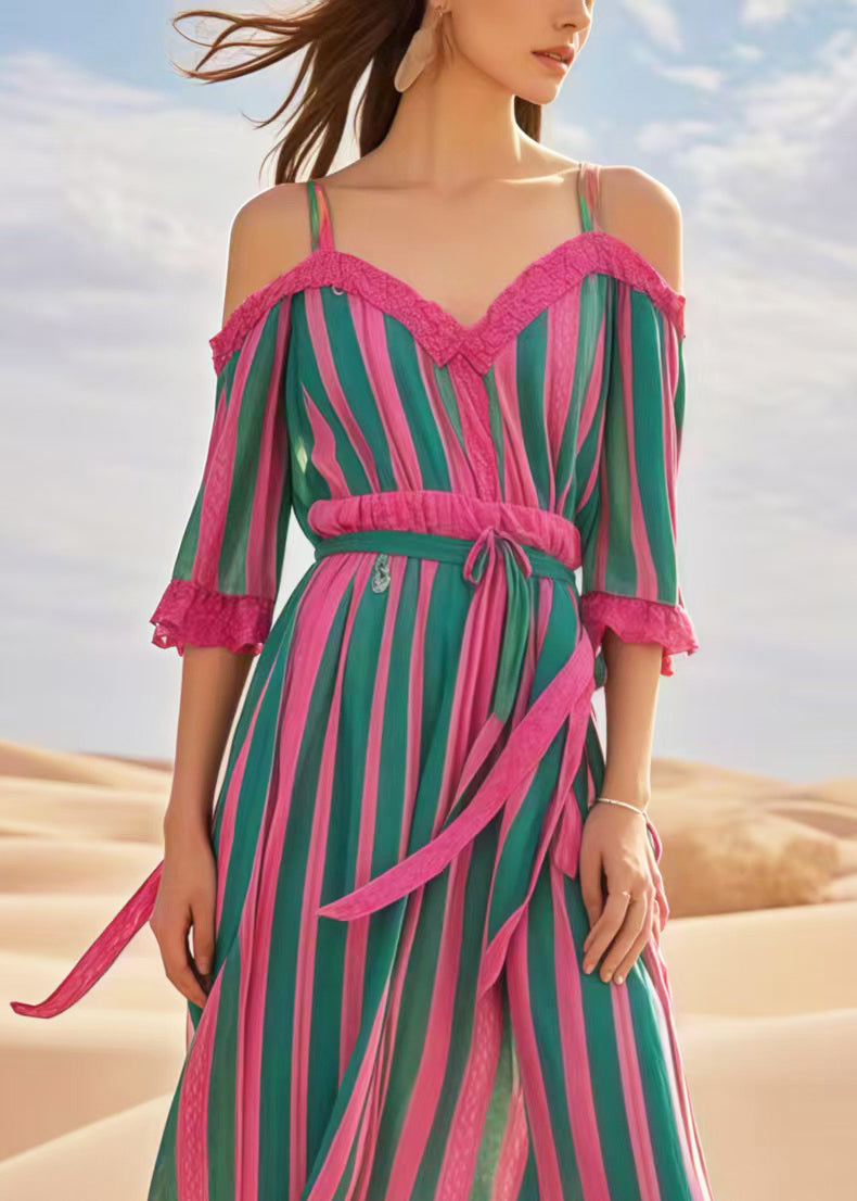 Boutique Multicolour Striped Backless Patchwork Lace Holiday Dresses Summer