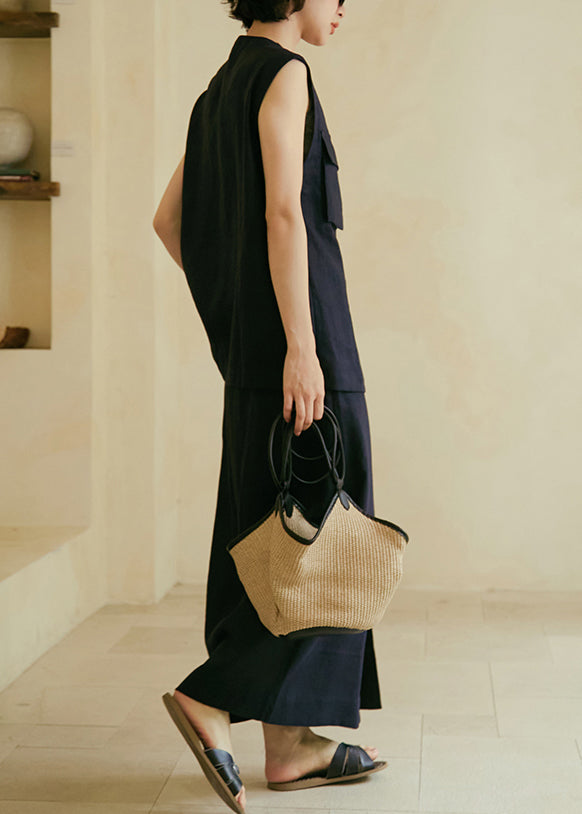 Boutique Navy Vest And Skirts Linen Two Pieces Set Summer