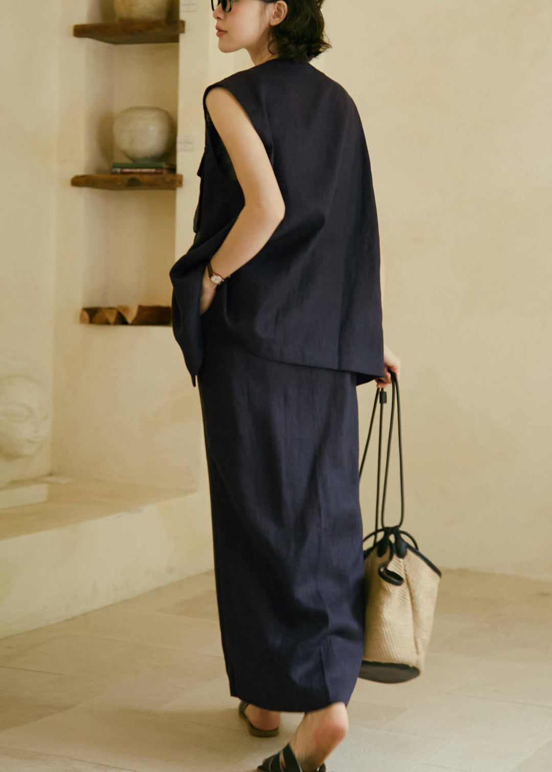 Boutique Navy Vest And Skirts Linen Two Pieces Set Summer