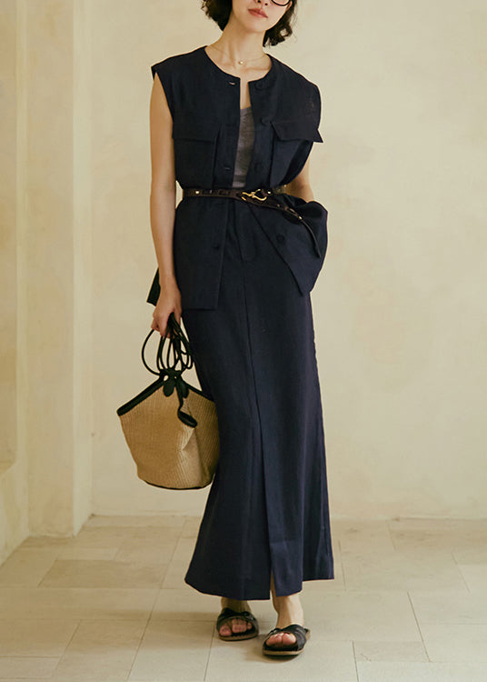Boutique Navy Vest And Skirts Linen Two Pieces Set Summer