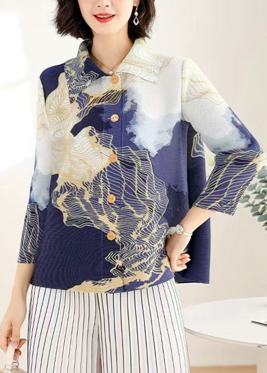 Boutique Peter Pan Collar Print Wrinkled Silk Shirt Top Fall