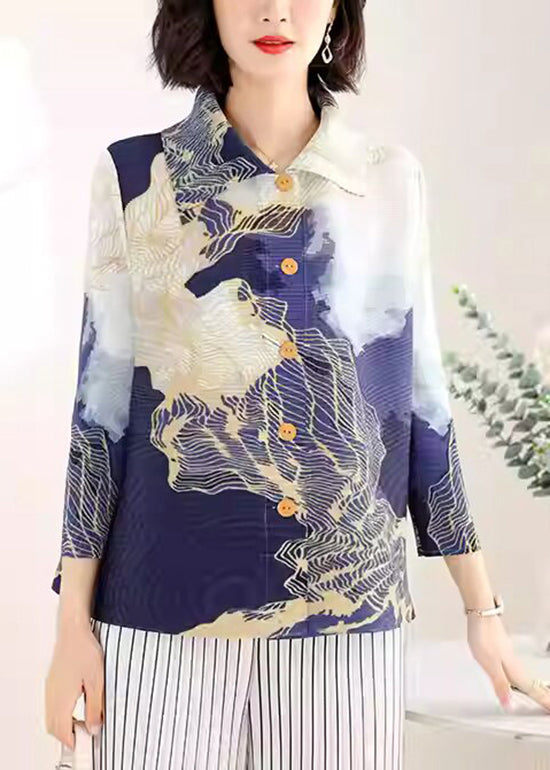 Boutique Peter Pan Collar Print Wrinkled Silk Shirt Top Fall