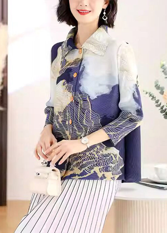 Boutique Peter Pan Collar Print Wrinkled Silk Shirt Top Fall