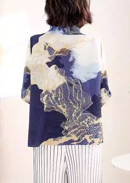 Boutique Peter Pan Collar Print Wrinkled Silk Shirt Top Fall