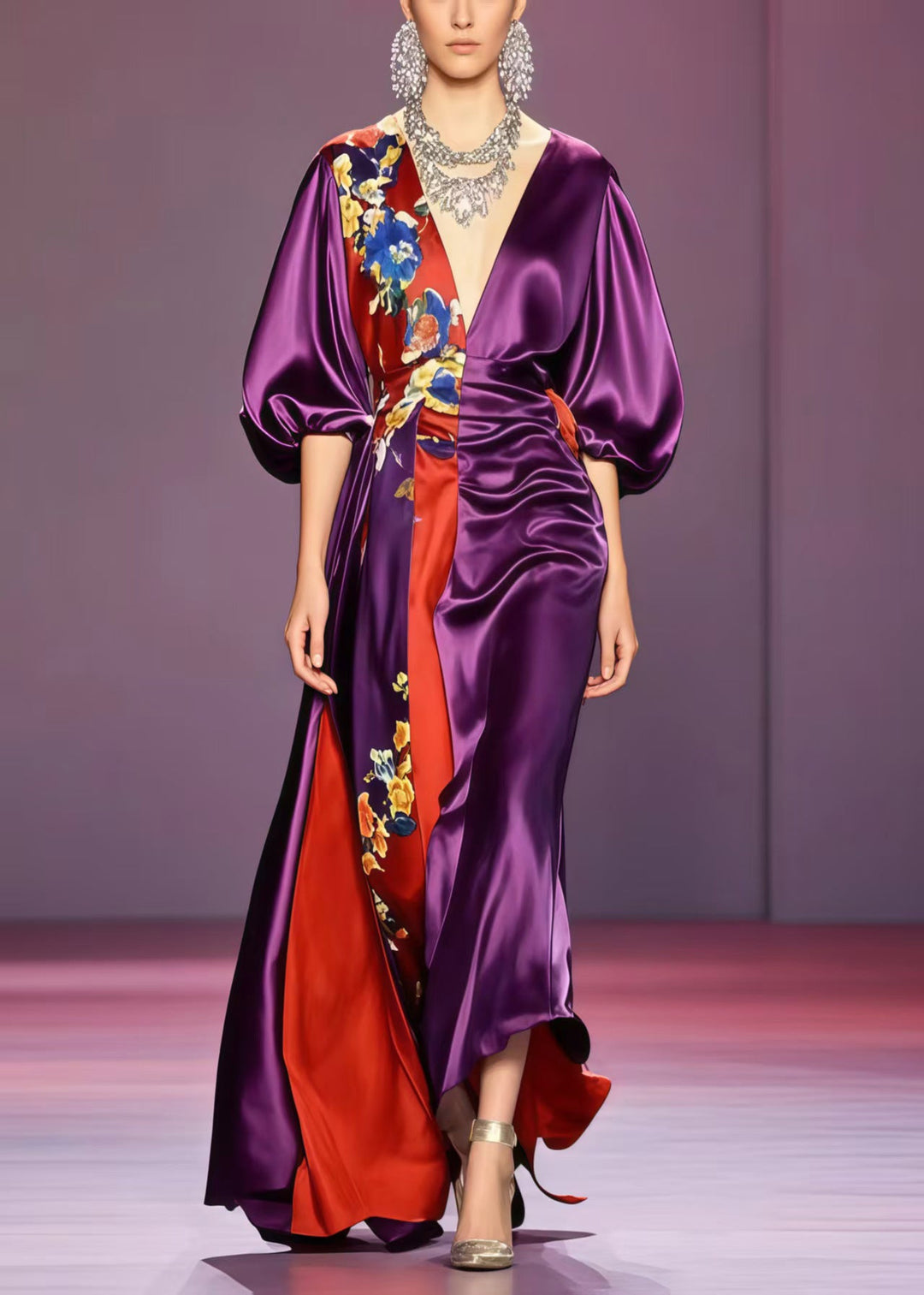 Boutique Purple Asymmetrical Design Silk Vestidos Dresses Puff Sleeve