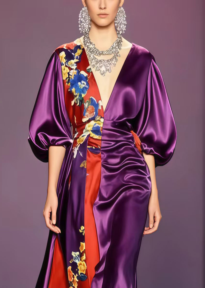 Boutique Purple Asymmetrical Design Silk Vestidos Dresses Puff Sleeve