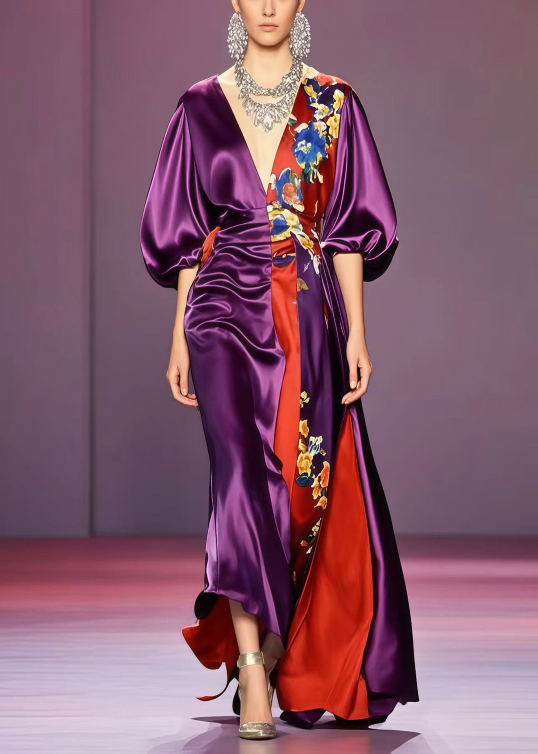 Boutique Purple Asymmetrical Design Silk Vestidos Dresses Puff Sleeve