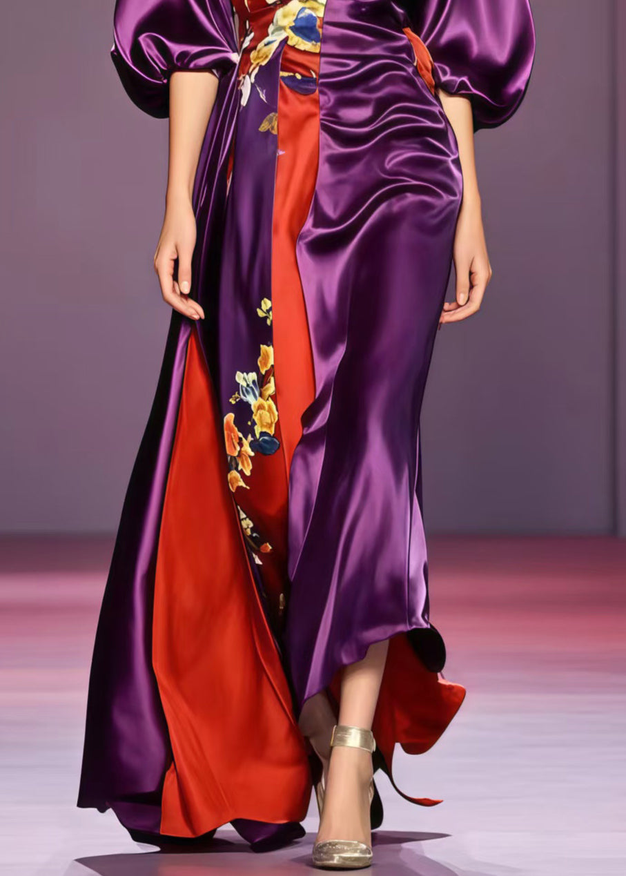 Boutique Purple Asymmetrical Design Silk Vestidos Dresses Puff Sleeve