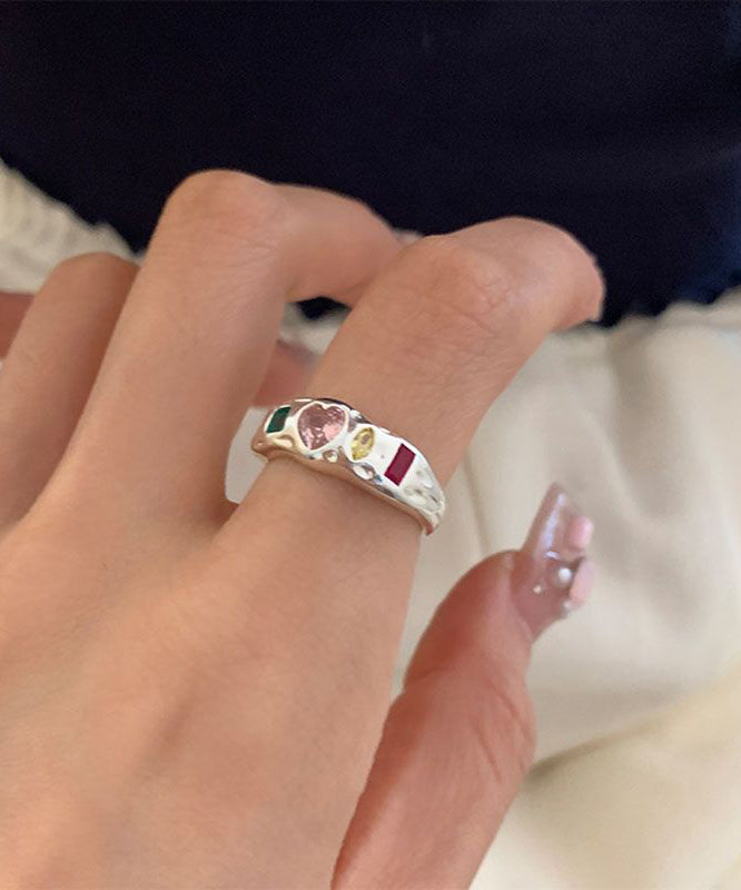 Boutique Rainbow Stainless Steel Asymmetrical Zircon Love Rings Three Piece Set