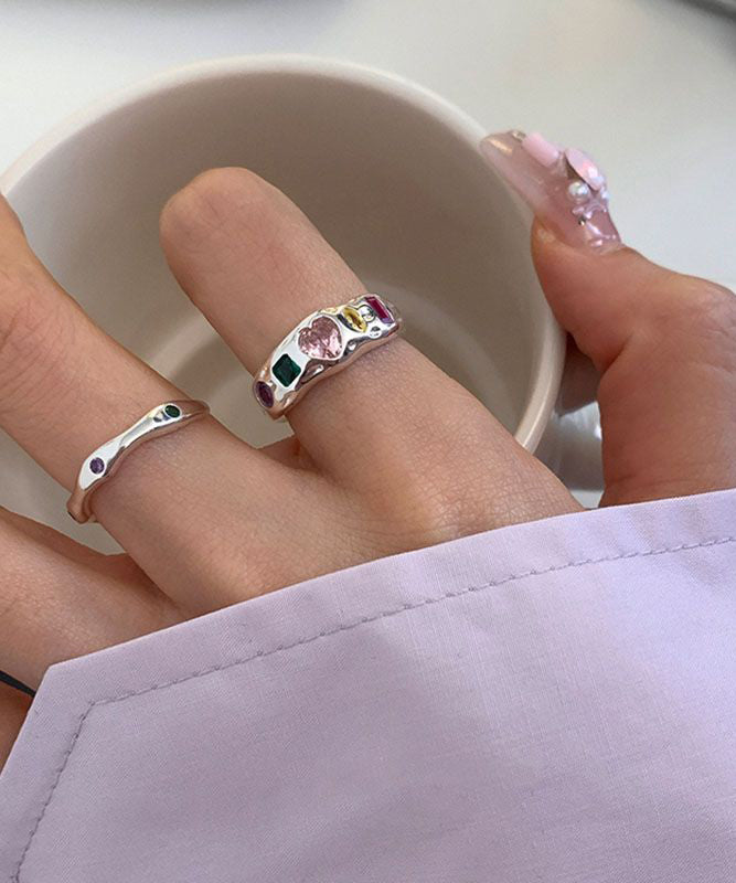 Boutique Rainbow Stainless Steel Asymmetrical Zircon Love Rings Three Piece Set