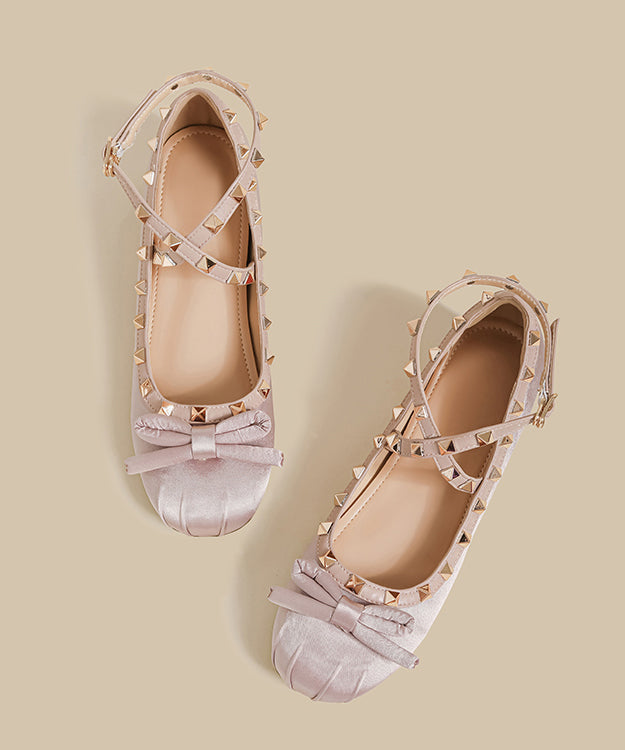 Boutique Rivet Splicing Wedge Shoes Pink Satin Bow