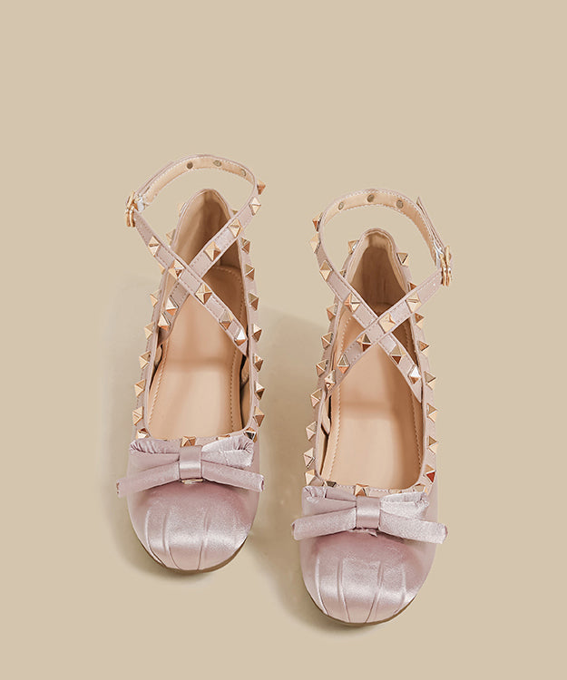 Boutique Rivet Splicing Wedge Shoes Pink Satin Bow