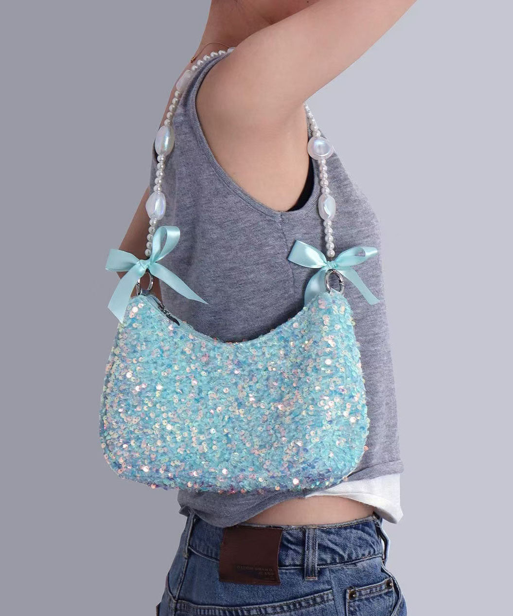 Boutique Sea Blue Sequins Bow Fuzzy Fur Fluffy Shoulder Bags