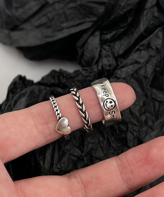 Boutique Silk Sterling Silver Love ,Smiling Face And Fried Dough Twists Rings Three-Piece Set