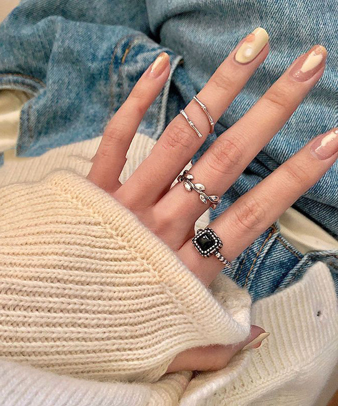 Boutique Stainless Steel Agate Open Rings Three-Piece Set