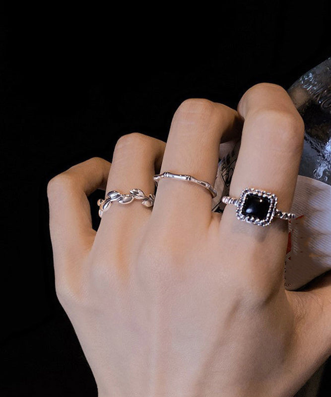 Boutique Stainless Steel Agate Open Rings Three-Piece Set