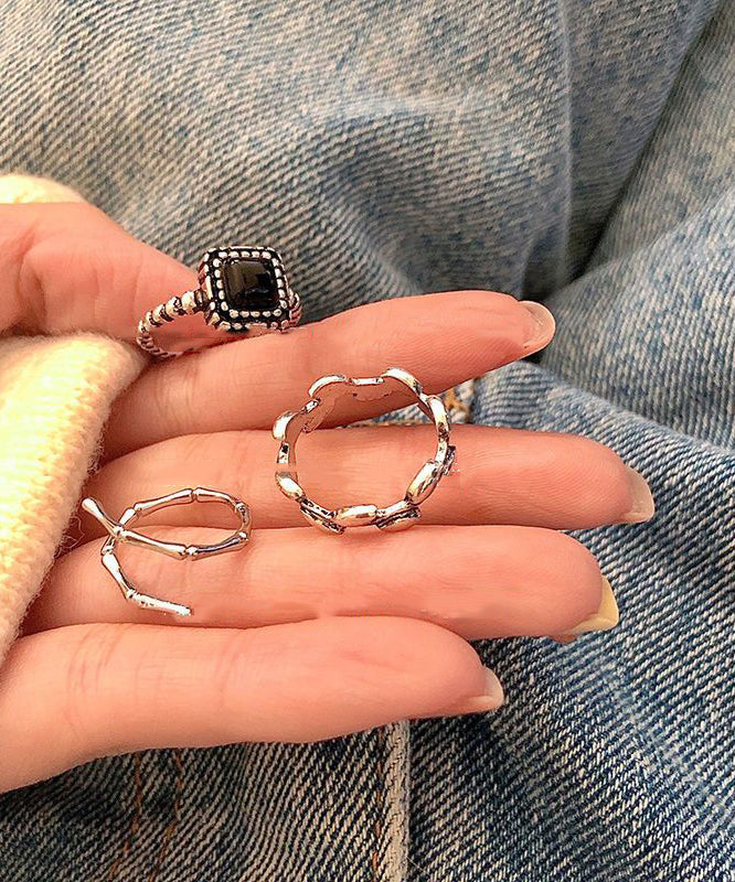 Boutique Stainless Steel Agate Open Rings Three-Piece Set